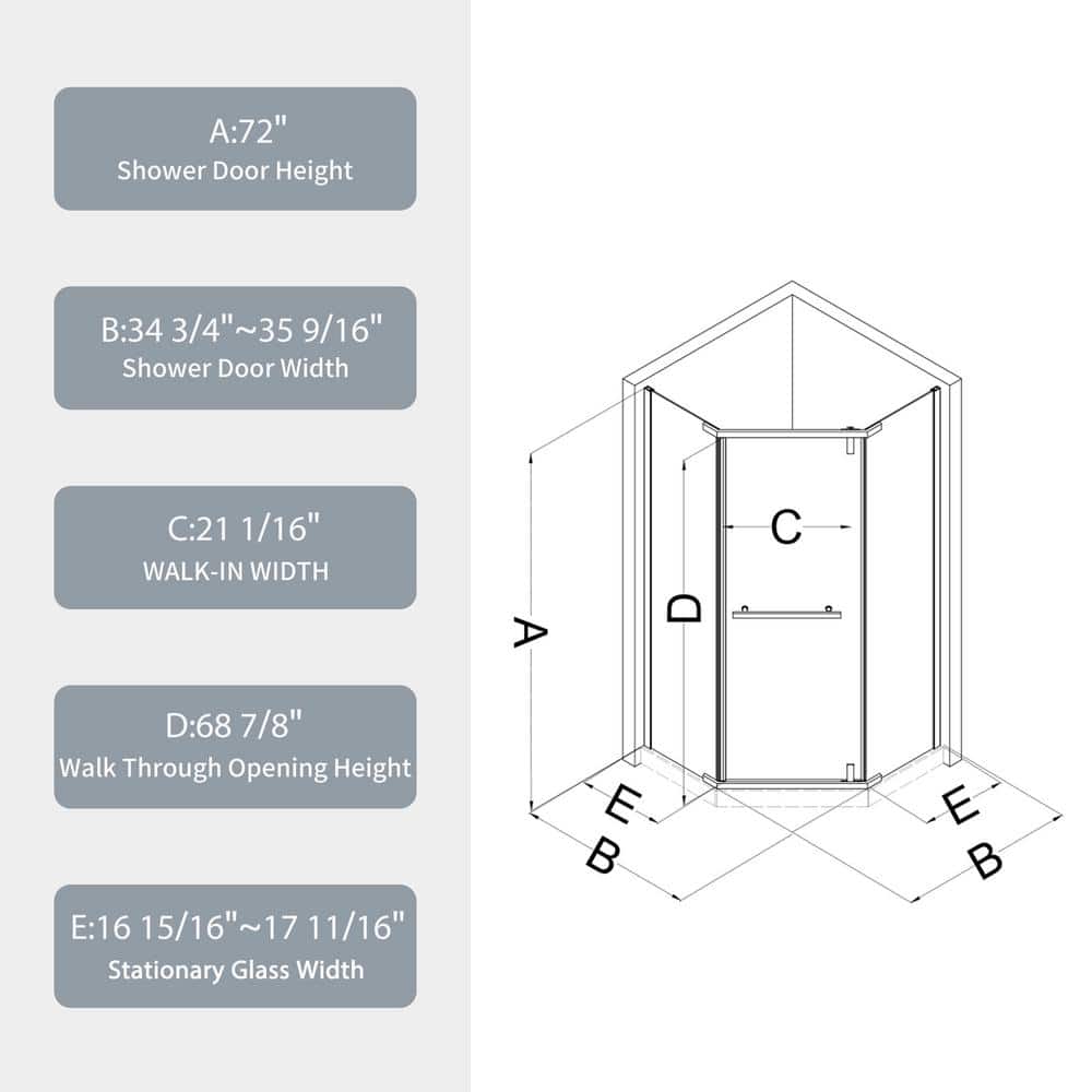 JimsMaison 35 in. W x 72 in. H Neo-Angle Pivot Semi Frameless Corner Shower Enclosure in Matte White