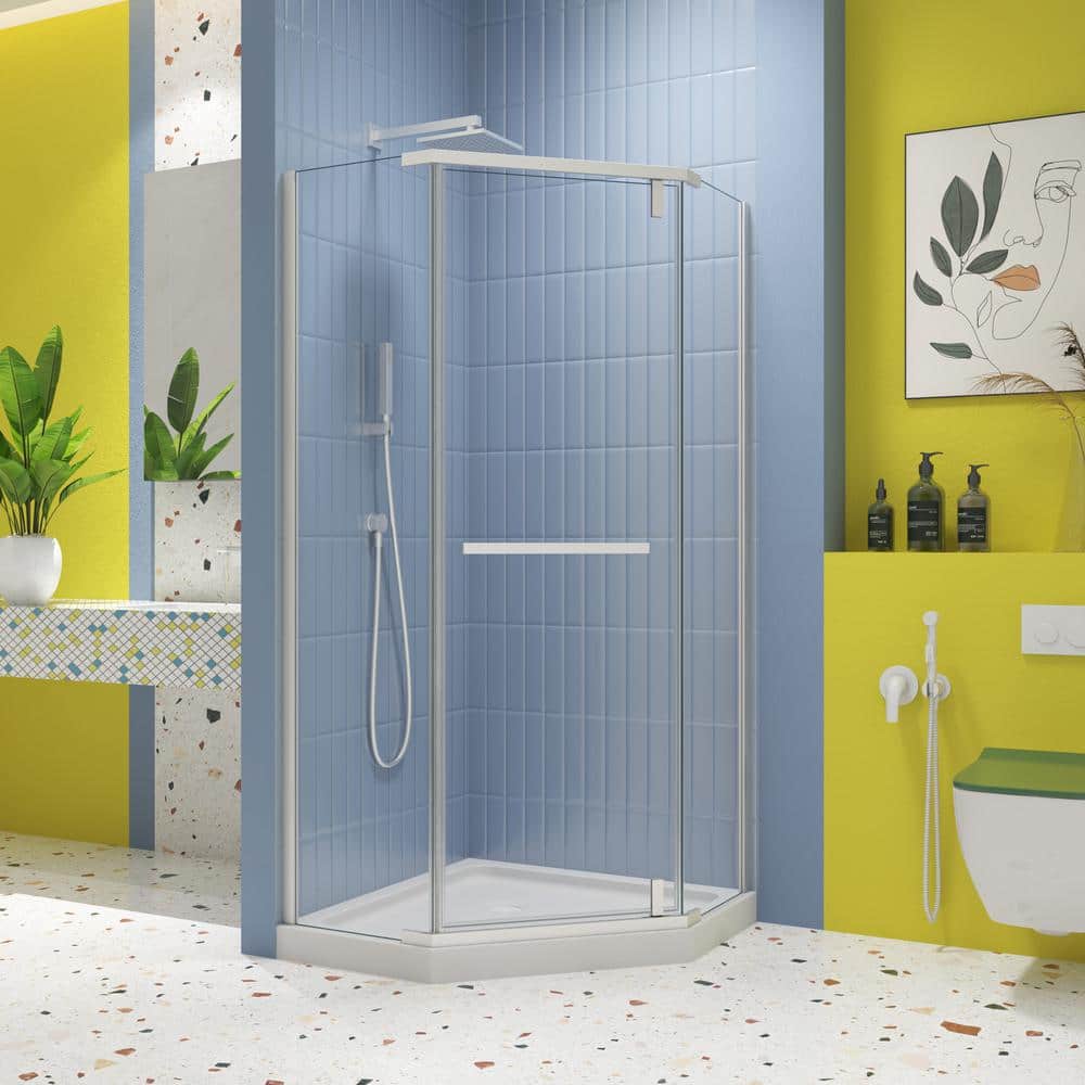 JimsMaison 35 in. W x 72 in. H Neo-Angle Pivot Semi Frameless Corner Shower Enclosure in Matte White
