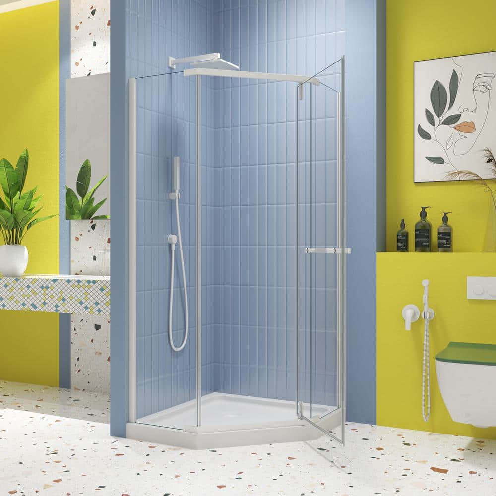 JimsMaison 35 in. W x 72 in. H Neo-Angle Pivot Semi Frameless Corner Shower Enclosure in Matte White