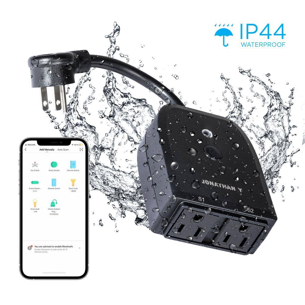 JONATHAN Y Outdoor Smart Dual Plug - WiFi Remote App Control for Outdoor Lights, Compatible with Alexa and Google Home Assistant