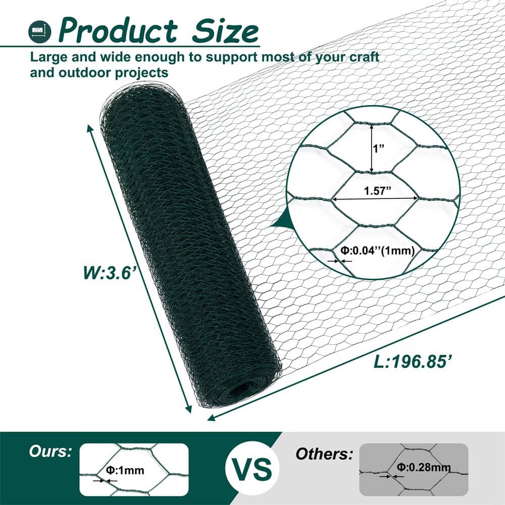 Kahomvis 1/4 in. W. x 3.6 ft. x 197 ft. Outdoor Anti-Rust Chicken Wire Poultry Net Green Galvanized Metal Fence Hardware Cloth