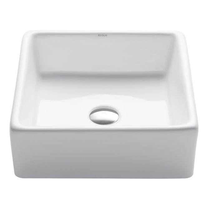 KRAUS Square Ceramic Vessel Bathroom Sink in White, 15-1/4 x 15-1/4 x 5-1/2 in