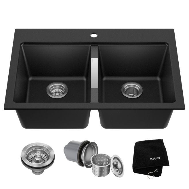 Kraus Granite 33-in x 22-in Black Onyx Double Equal Bowl Drop-In or Undermount 1-Hole Kitchen Sink