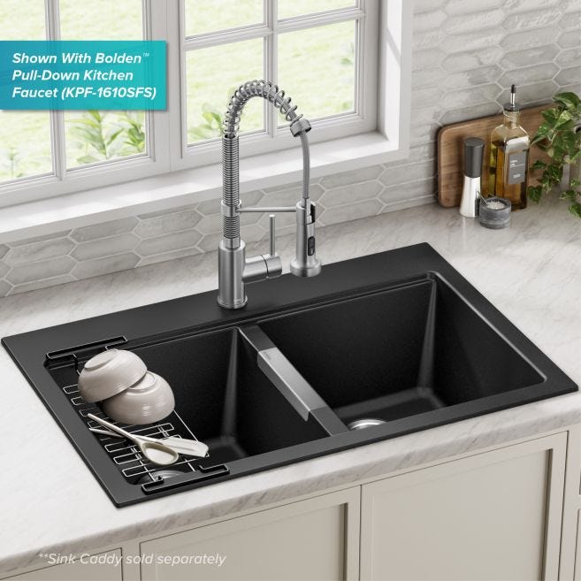 Kraus Granite 33-in x 22-in Black Onyx Double Equal Bowl Drop-In or Undermount 1-Hole Kitchen Sink