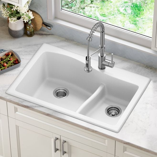 Kraus Quarza 33-in x 22-in 60/40 Double Offset Bowl Dual-Mount (Drop-In/Undermount) 1-Hole Granite Composite Kitchen Sink, White