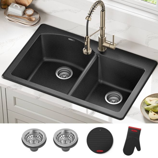 KRAUS Forteza All-in-One Drop-In/Undermount Granite Composite 33 in. 1-Hole 60/40 Double Bowl Kitchen Sink in Black