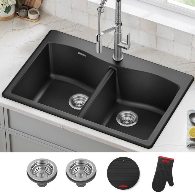 Kraus Forteza 33 in. Drop-In/Undermount Granite Composite 50/50 Double Bowl Kitchen Sink, Black (KGD-52BLACK)