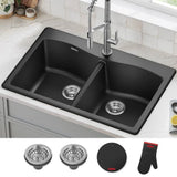 Kraus Forteza 33 in. Drop-In/Undermount Granite Composite 50/50 Double Bowl Kitchen Sink, Black (KGD-52BLACK)