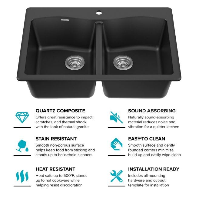 Kraus Forteza 33 in. Drop-In/Undermount Granite Composite 50/50 Double Bowl Kitchen Sink, Black (KGD-52BLACK)