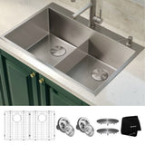 Kraus Standart Pro 33-in x 22-in Stainless Steel Double Equal Bowl Dual-Mount 2-Hole Kitchen Sink, KHT302-33