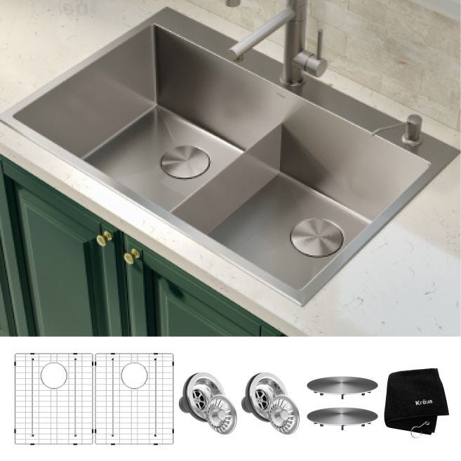 KRAUS Standart PRO Drop-In/Undermount 16-Gauge Stainless Steel 33 in. x 22 in. Double Bowl 2-Hole Kitchen Sink, KHT302-33