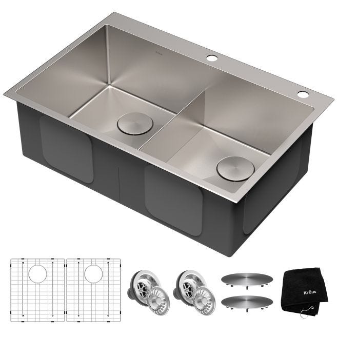 KRAUS Standart PRO Drop-In/Undermount 16-Gauge Stainless Steel 33 in. x 22 in. Double Bowl 2-Hole Kitchen Sink, KHT302-33