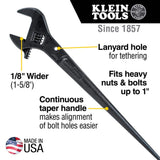 Klein Tools 3239 Adjustable Construction Spud Wrench, 16 in., 1-5/8 in. Jaw Opening