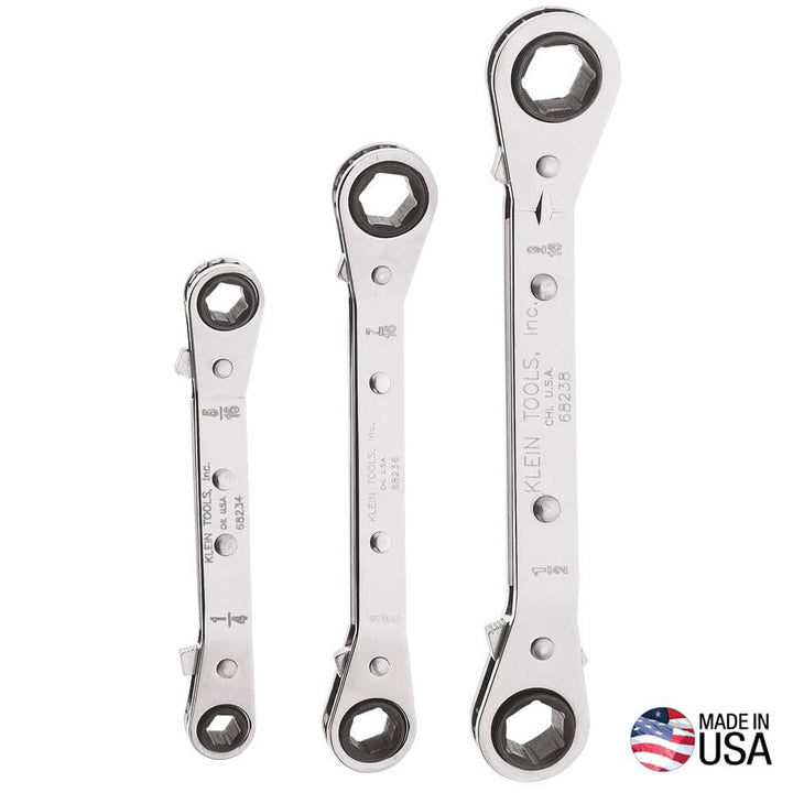 Klein Tools 3-Piece Fully Reversible Ratcheting Offset Box Wrench Set, SAE Sizes 1/4–9/16 in (Model 68244)