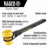 Klein Tools KT151T 4-in-1 Lineman's Ratcheting Wrench, 13 in. Length, SAE Square Sockets (3/4, 13/16, 1, 1-1/8 in.)