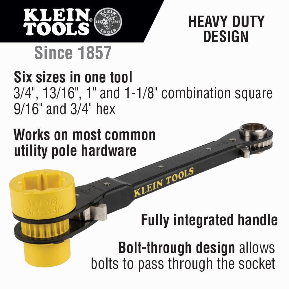 Klein Tools KT155HD 6-in-1 Heavy-Duty Ratcheting Lineman’s Wrench, 12 in.