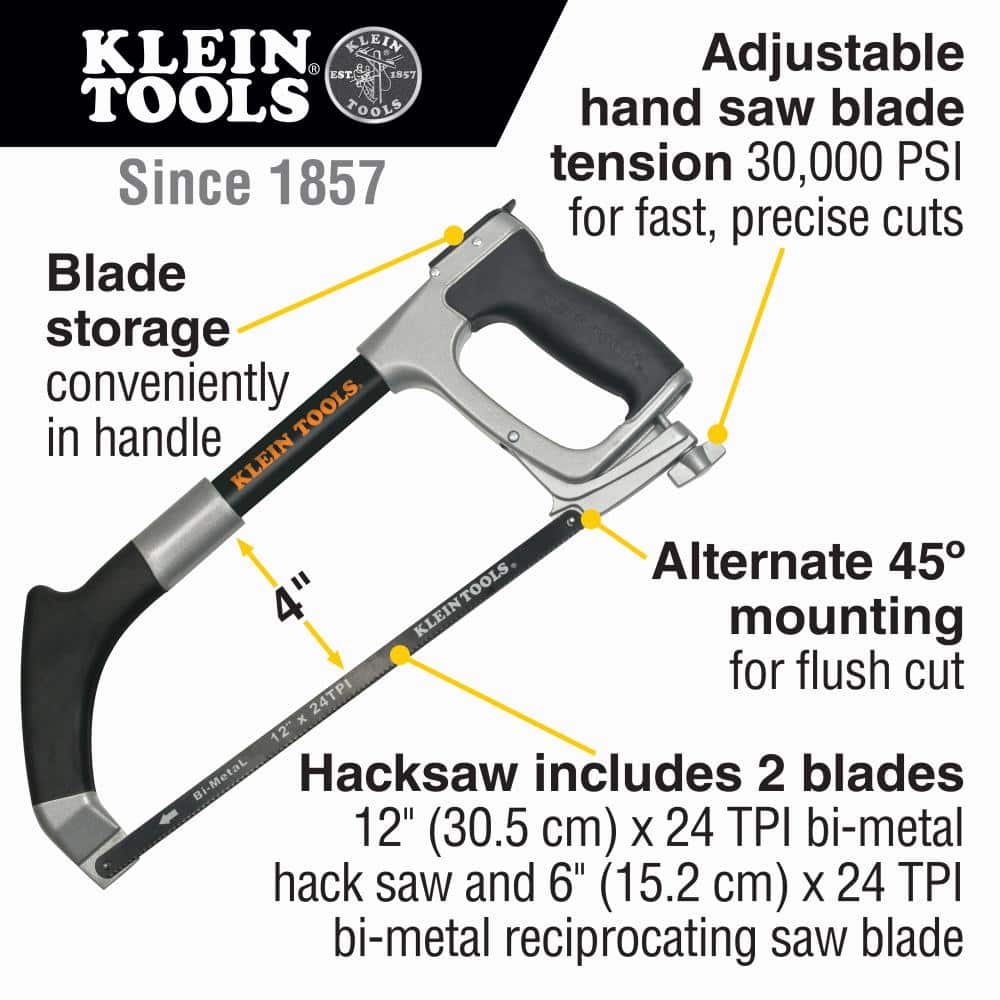 Klein Tools 12 in. High-Tension Hack Saw with Aluminum Handle, 24 TPI Blades (Model 702-12)