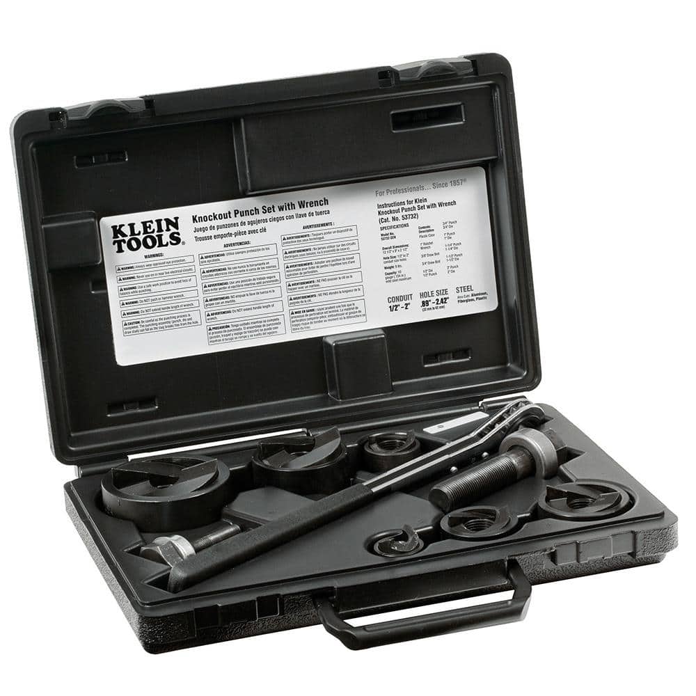 Klein Tools 9‑Piece Knockout Punch with Wrench Set (1/2 in. to 2 in.) – Model 53732SEN