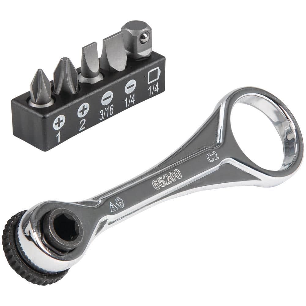 Klein Tools 1/4 in. Drive Electrician's Mini Ratchet Set with Screwdriver Bits and Adapter, 3.5 in Handle, 72-Tooth (Model 65200)
