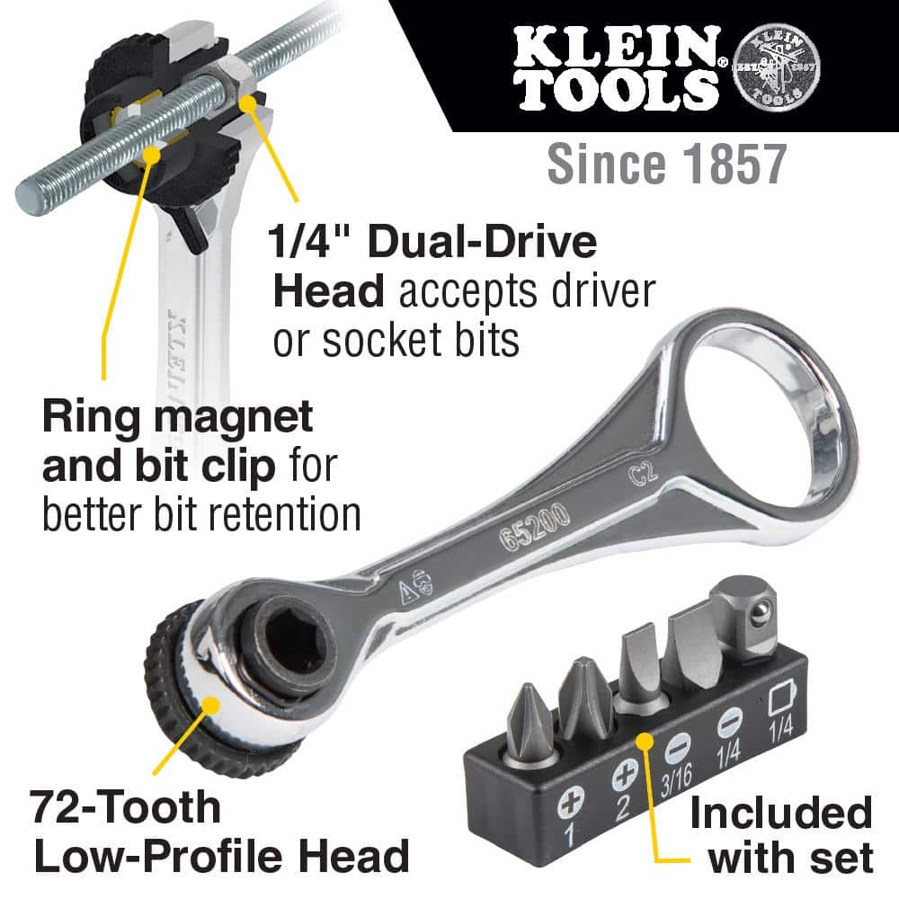 Klein Tools 1/4 in. Drive Electrician's Mini Ratchet Set with Screwdriver Bits and Adapter, 3.5 in Handle, 72-Tooth (Model 65200)
