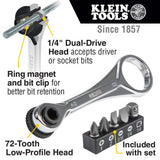Klein Tools 1/4 in. Drive Electrician's Mini Ratchet Set with Screwdriver Bits and Adapter, 3.5 in Handle, 72-Tooth (Model 65200)