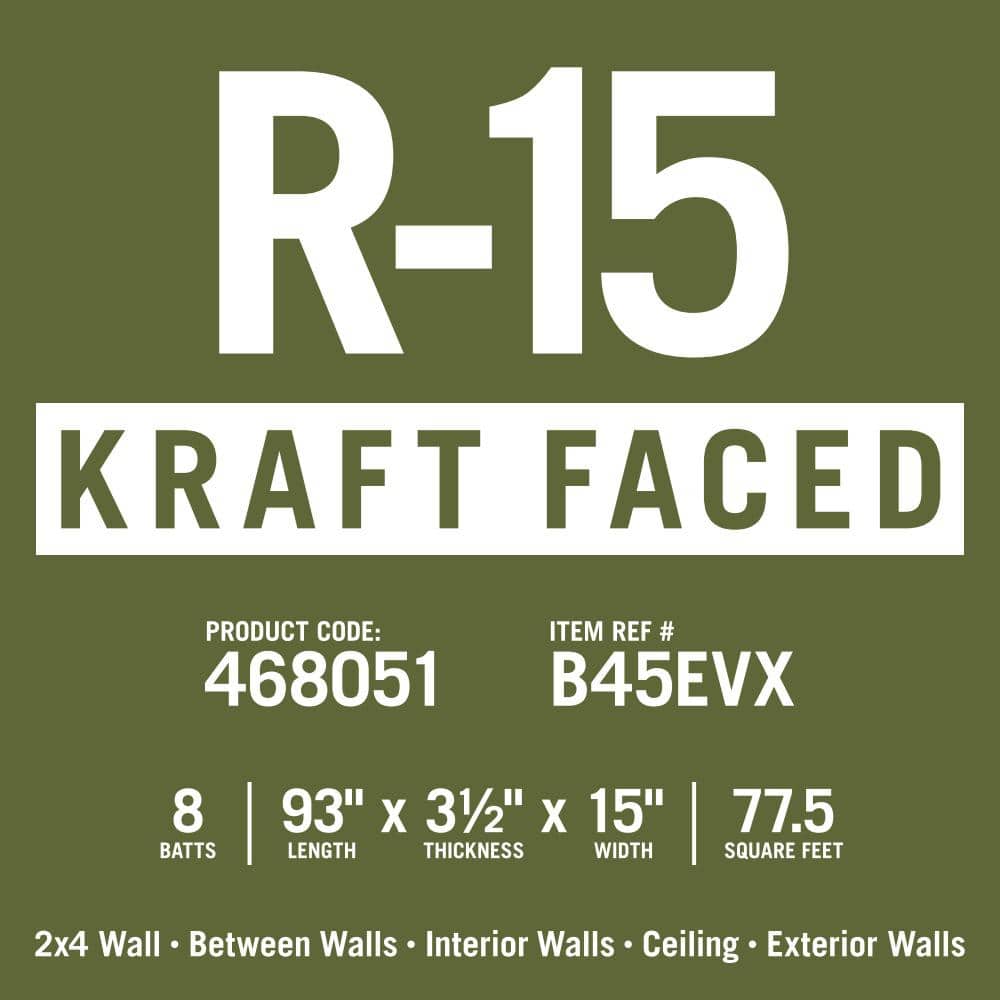 Knauf Insulation R-15 EcoBatt Kraft Faced Fiberglass Insulation Batt, High Density, 3-1/2" x 15" x 93", 67.81–77.5 sq. ft. Coverage