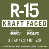 Knauf Insulation R-15 EcoBatt Kraft Faced Fiberglass Insulation Batt, High Density, 3-1/2" x 15" x 93", 67.81–77.5 sq. ft. Coverage