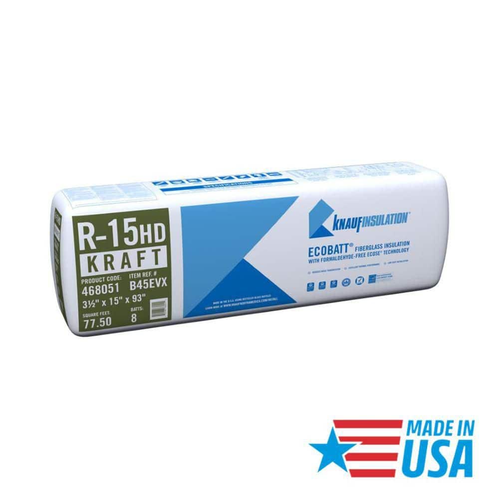 Knauf Insulation R-15 EcoBatt Kraft Faced Fiberglass Insulation Batt, High Density, 3-1/2" x 15" x 93", 67.81–77.5 sq. ft. Coverage