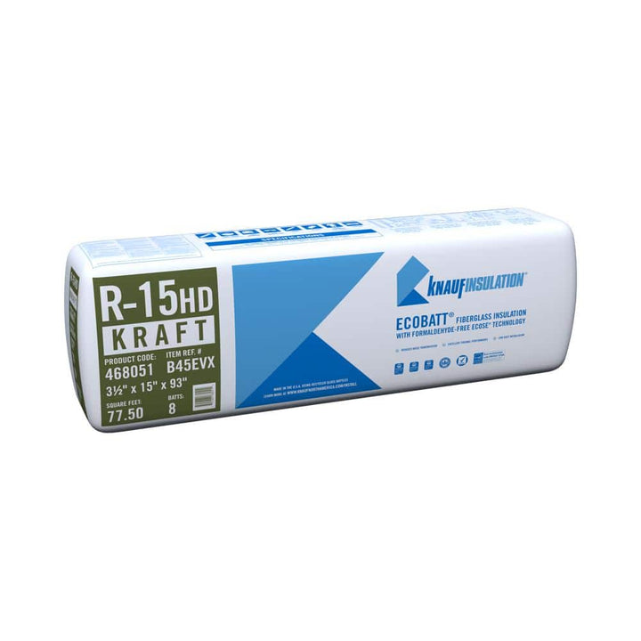 Knauf Insulation R-15 EcoBatt Kraft Faced Fiberglass Insulation Batt, High Density, 3-1/2" x 15" x 93", 67.81–77.5 sq. ft. Coverage