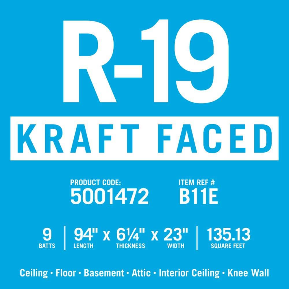 Knauf Insulation R-19 EcoBatt Kraft Faced Fiberglass Insulation Batt, 6-1/4 in x 23 in x 94 in, 135.13 sq ft