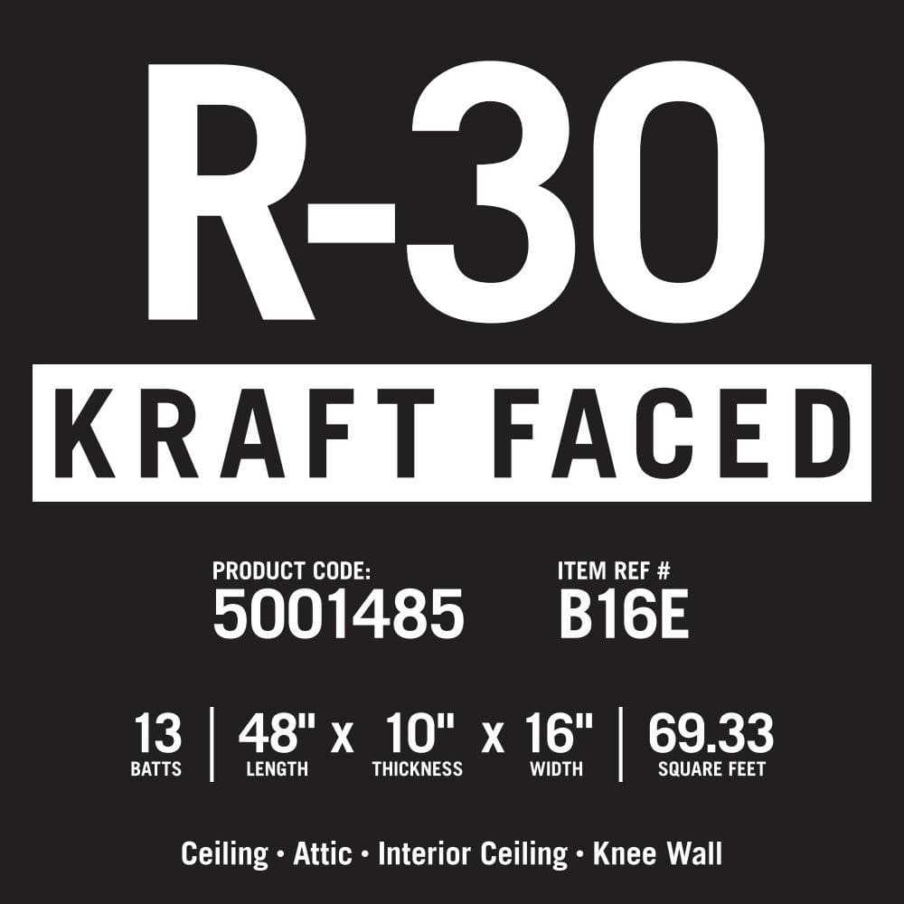 Knauf Insulation R-30 EcoBatt Kraft Faced Fiberglass Insulation Batt, 10 in x 16 in x 48 in, 69.33 sq ft