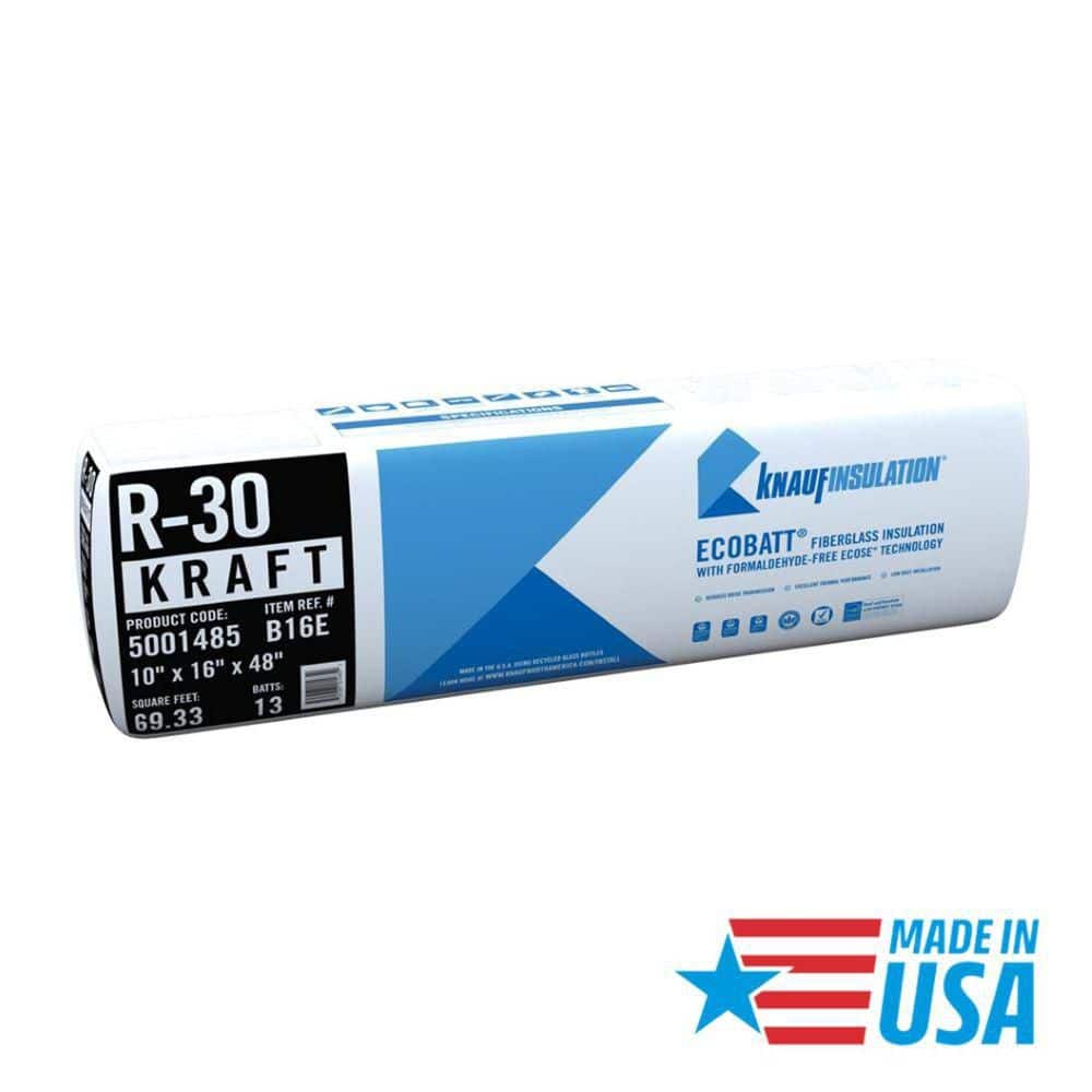Knauf Insulation R-30 EcoBatt Kraft Faced Fiberglass Insulation Batt, 10 in x 16 in x 48 in, 69.33 sq ft