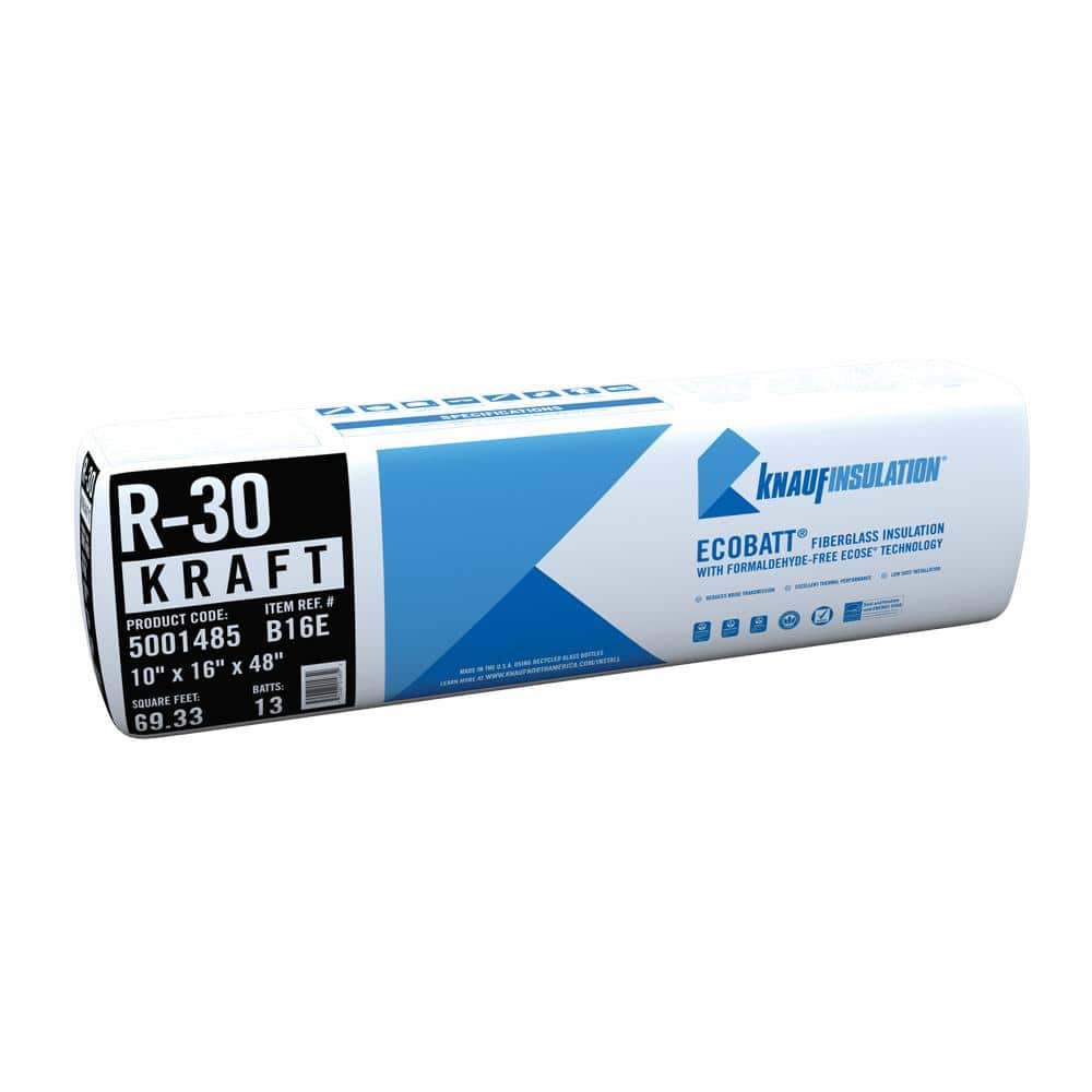 Knauf Insulation R-30 EcoBatt Kraft Faced Fiberglass Insulation Batt, 10 in x 16 in x 48 in, 69.33 sq ft
