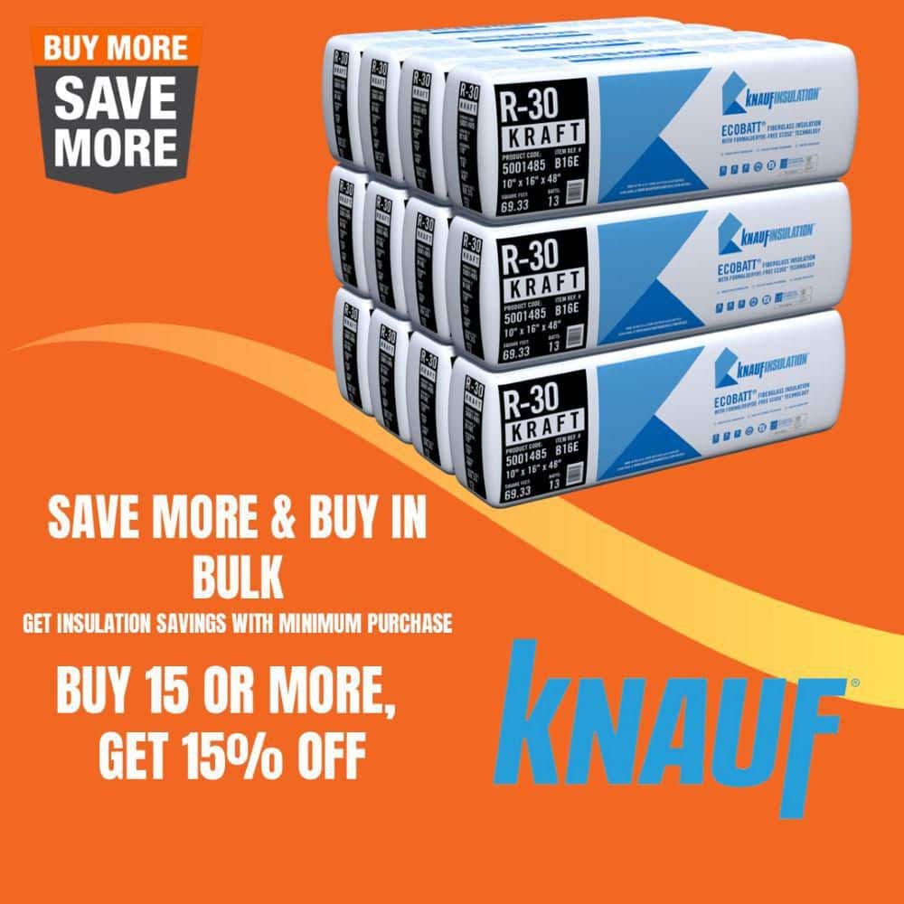 Knauf Insulation R-30 EcoBatt Kraft Faced Fiberglass Insulation Batt, 10 in x 16 in x 48 in, 69.33 sq ft