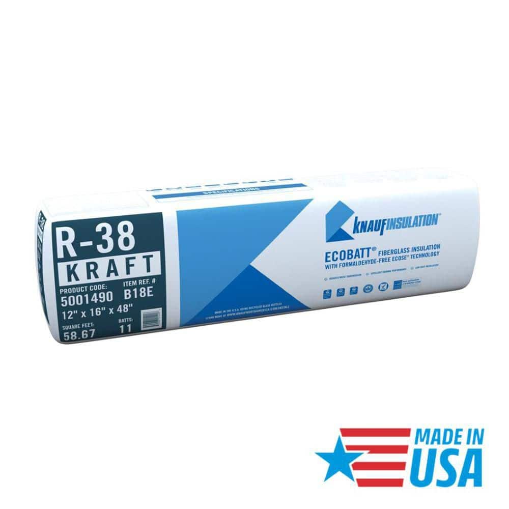 Knauf Insulation R-38 EcoBatt Kraft Faced Fiberglass Insulation Batt, 12" x 16" x 48", 58.67 sq. ft.
