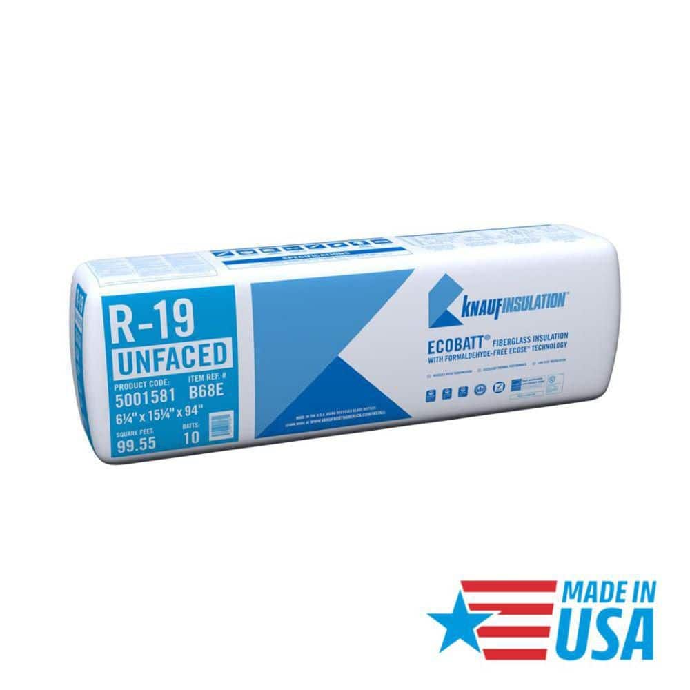 Knauf EcoBatt R-19 Unfaced Fiberglass Batt Insulation, 15.25 in. x 94 in., 99.55 sq. ft. (B68E)