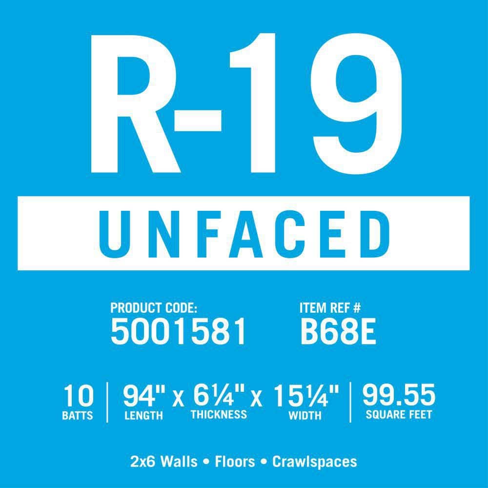 Knauf EcoBatt R-19 Unfaced Fiberglass Batt Insulation, 15.25 in. x 94 in., 99.55 sq. ft. (B68E)
