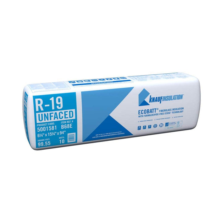 Knauf Insulation EcoBatt R-19 Unfaced Fiberglass Insulation Batts, 6.25 in x 15.25 in x 94 in, 99.55 sq ft