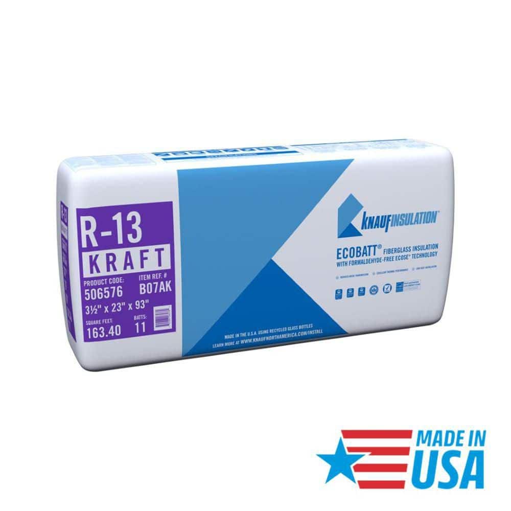 Knauf Insulation EcoBatt R-13 Kraft Faced Fiberglass Insulation Batts, 3.5 in. x 23 in. x 93 in., 163.4 sq. ft. Coverage