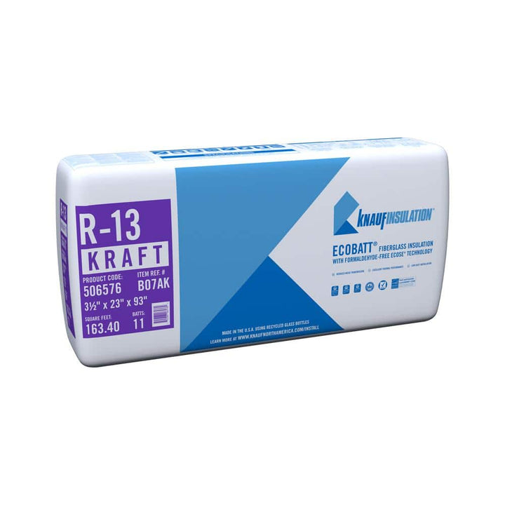 Knauf Insulation EcoBatt R-13 Kraft Faced Fiberglass Insulation Batts, 3.5 in. x 23 in. x 93 in., 163.4 sq. ft. Coverage