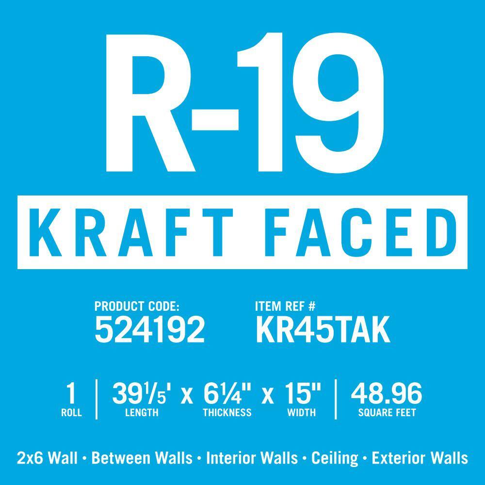 Knauf Insulation R-19 EcoRoll Kraft Faced Fiberglass Insulation Roll, 6-1/4 in x 15 in x 39.2 ft (48.96 sq ft)
