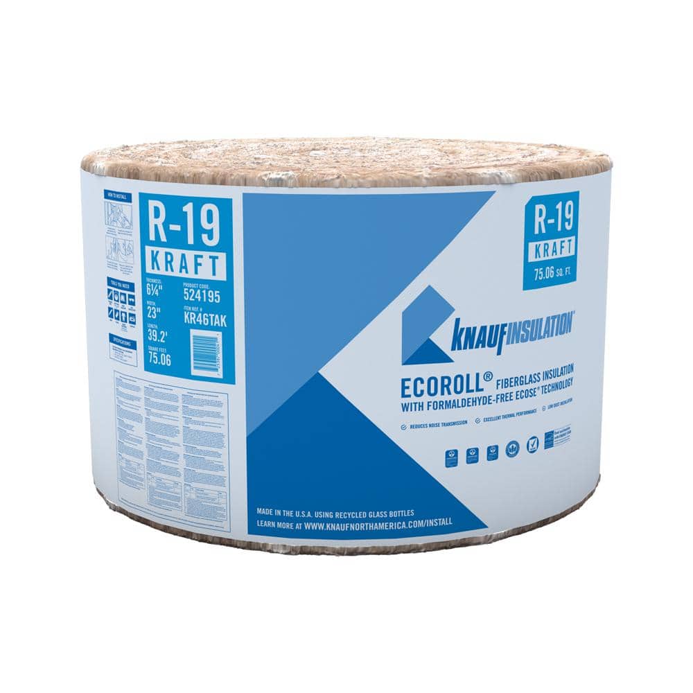 Knauf Insulation R-19 EcoRoll Kraft Faced Fiberglass Insulation Roll, 6-1/4 in Thick x 23 in Wide x 39.2 ft Long, 75.06 sq ft