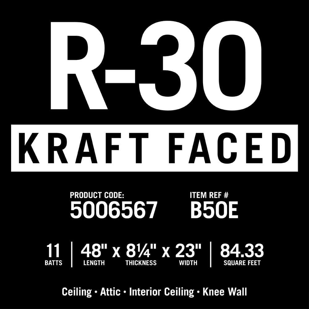 Knauf Insulation R-30 EcoBatt Kraft Faced Fiberglass Insulation Batts, 8-1/4 in x 23 in x 48 in, 84.33 sq ft