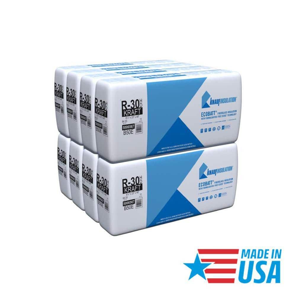 Knauf Insulation R-30 EcoBatt Kraft Faced Fiberglass Insulation Batts, 8-1/4 in x 23 in x 48 in, 84.33 sq ft