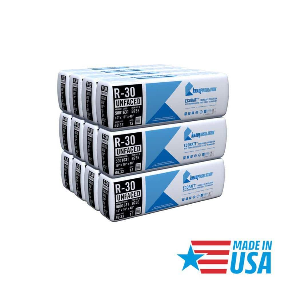 Knauf Insulation R-30 EcoBatt Unfaced Fiberglass Insulation Batt, 10" x 16" x 48" — 69.33 sq ft