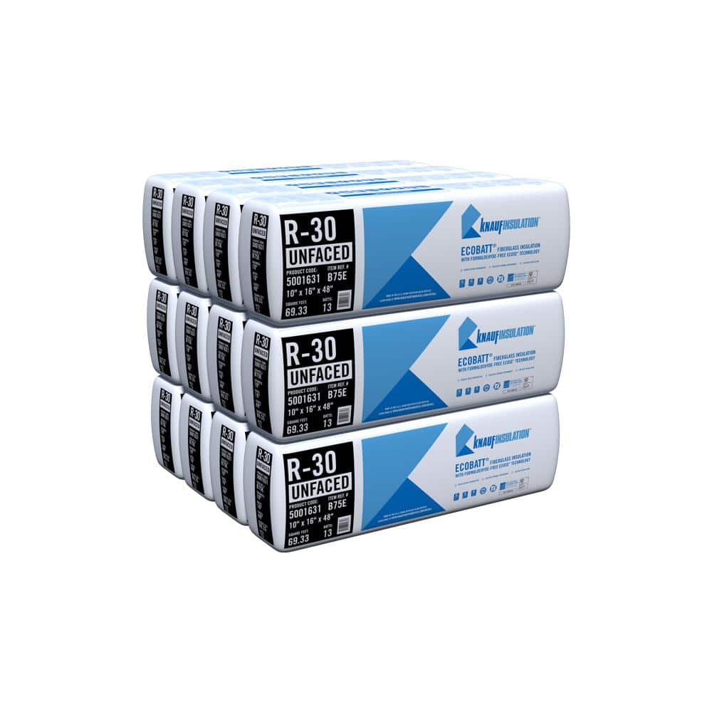 Knauf Insulation R-30 EcoBatt Unfaced Fiberglass Insulation Batt, 10" x 16" x 48" — 69.33 sq ft