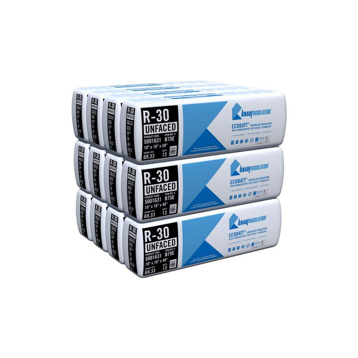 Knauf Insulation R-30 EcoBatt Unfaced Fiberglass Insulation Batt, 10" x 16" x 48" — 69.33 sq ft