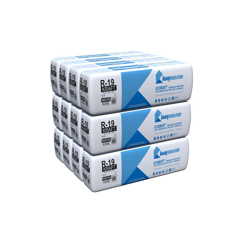 Knauf Insulation R-19 EcoBatt Kraft-Faced Fiberglass Insulation Batts, 6-1/4 in x 15 in x 106 in, 110.42 sq ft