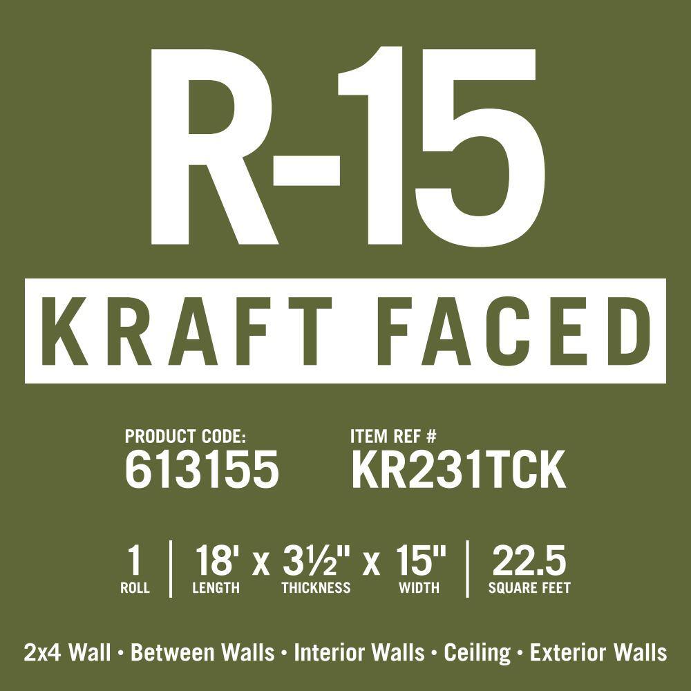 Knauf Insulation R-15 EcoRoll Kraft Faced Fiberglass Insulation Roll, 3-1/2 in. x 15 in. x 18 ft, 22.5 sq. ft.