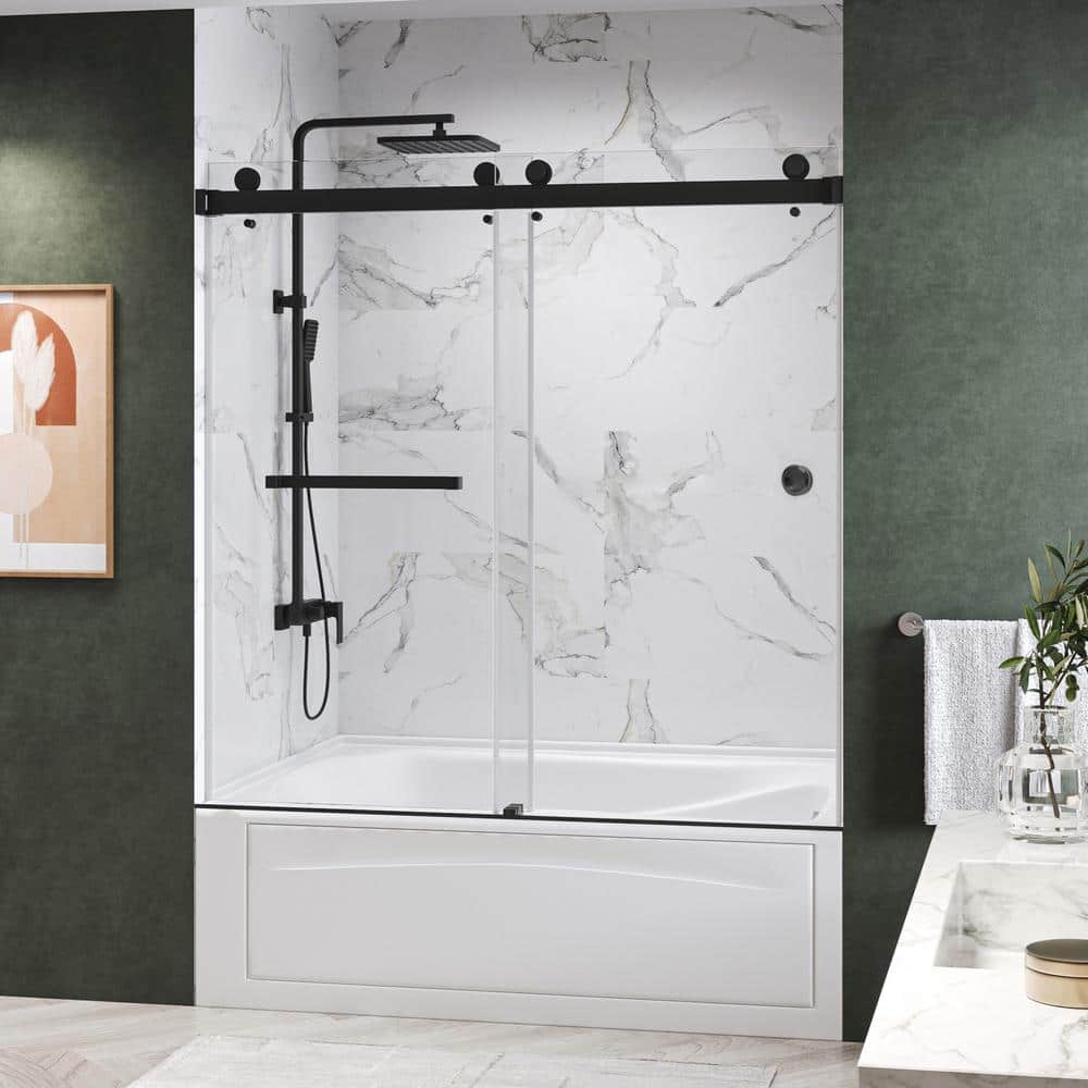 Kobiworks CatalystFP 60 in. W x 66 in. H Double Sliding Frameless Shower Door in Matte Black with 3/8 in. Clear Glass